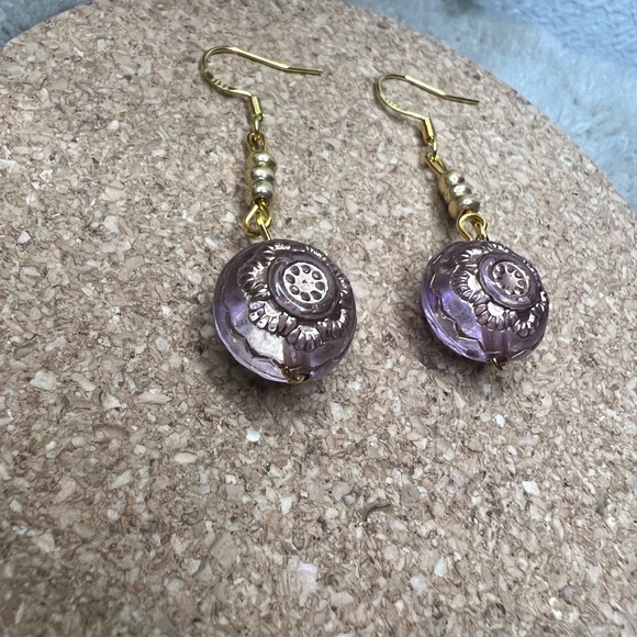 Purple Flower Beaded Dangle Earrings - Picture 3 of 3
